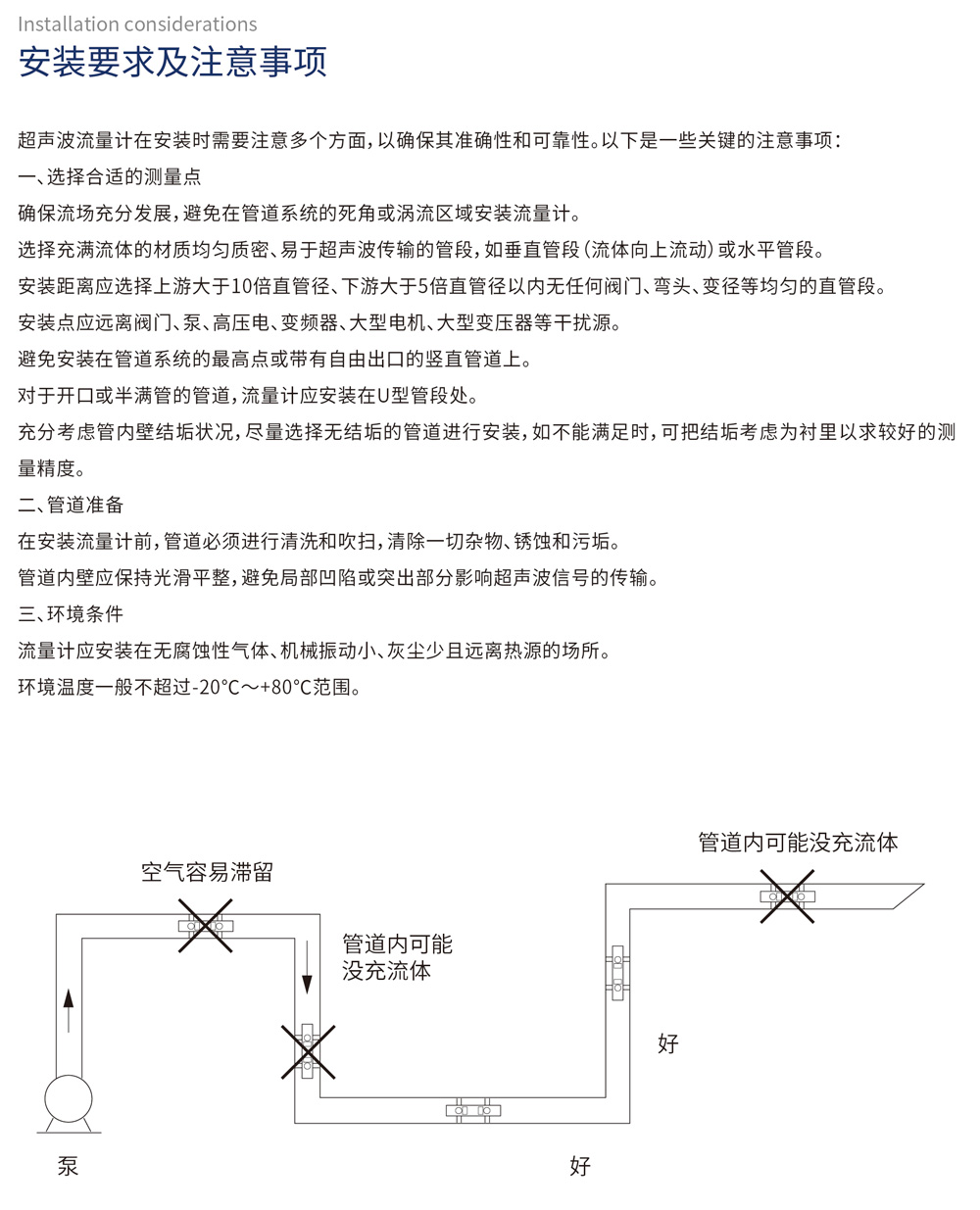 安装要求及注意事项
超声波流量计在安装时需要注意多个方面,以确保其准确性和可靠性。以下是一些关键的注意事项:
一、选择合适的测量点
确保流场充分发展,避免在管道系统的死角或涡流区域安装流量计。
选择充满流体的材质均匀致密、易于超声波传输的管段,如垂直管段(流体向上流动)或水平管段。
安装距离应选择上游大于10倍管直径、下游大于5倍管直径以内无任何阀门、弯头、变径等均匀的直管段。
安装点应远离阀门、泵、高压电、变频器、大型电机、大型变压器等干扰源。
避免安装在管道系统的最高点或带有自由出口的竖直管道上。
对于开口或半满管的管道,流量计应安装在U型管段处。
充分考虑管内壁结垢状况,尽量选择无结垢的管道进行安装,如不能满足时,可把结垢考虑为衬里以求较好的测量精度。
二、管道准备
在安装流量计前,管道必须进行清洗和吹扫,清除一切杂物、锈蚀和污垢。
管道内壁应保持光滑平整,避免局部凹陷或突出部分影响超声波信号的传输。
三、环境条件
流量计应安装在无腐蚀性气体、机械振动小、灰尘少且远离热源的场所。
环境温度一般不超过-20℃～+80℃范围。