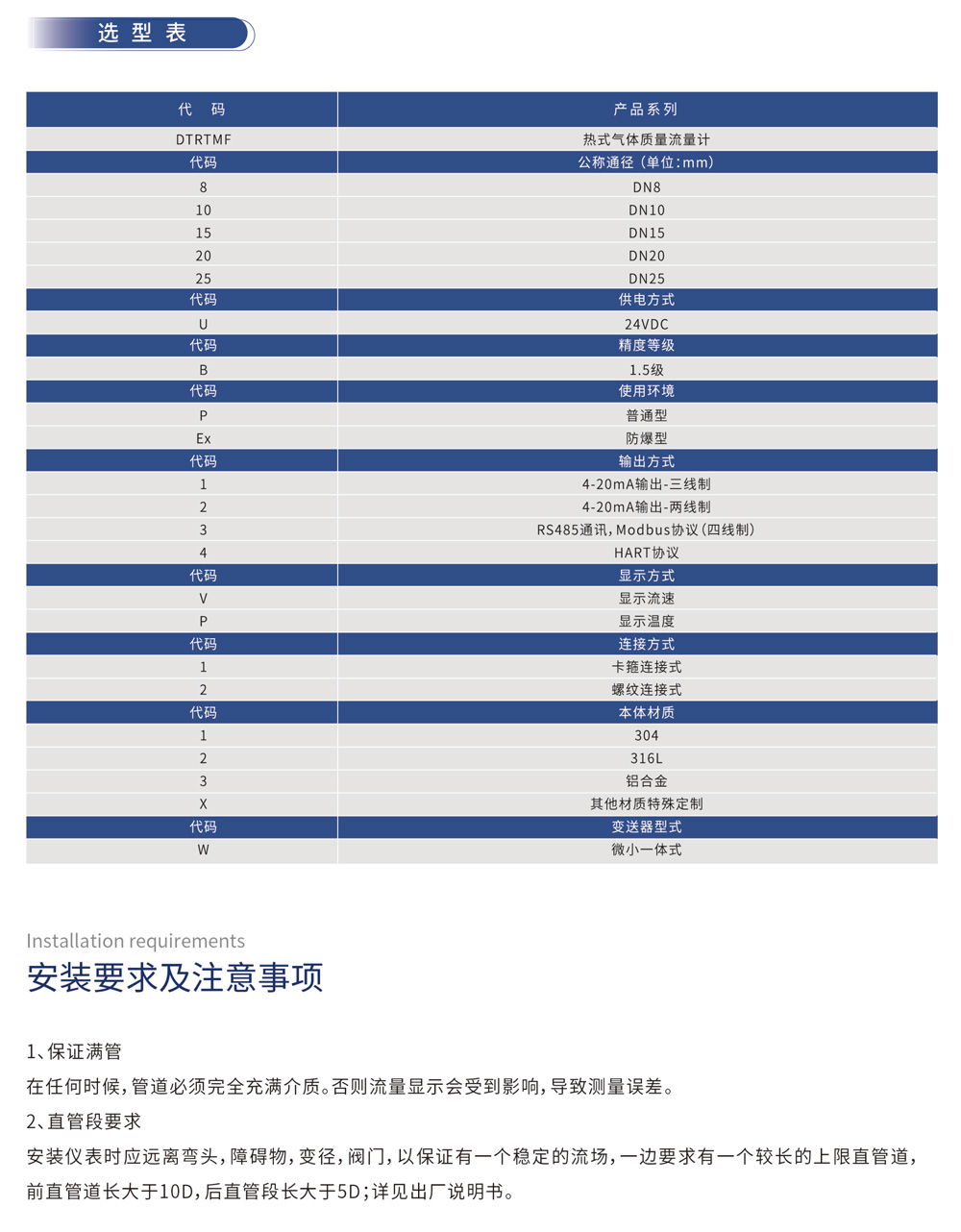 选型表 安装要求及注意事项：1、保证满管：在任何时候，管道必须完全充满介质。否则流量显示会受到影响，导致测量误差。2、直管段要求：安装仪表时应远离弯头，障碍物，变径，阀门，以保证有一个稳定的流场，一边要求有一个较长的上限直管道，前直管段长大于10D，后直管段长大于5D；详见出厂说明书。