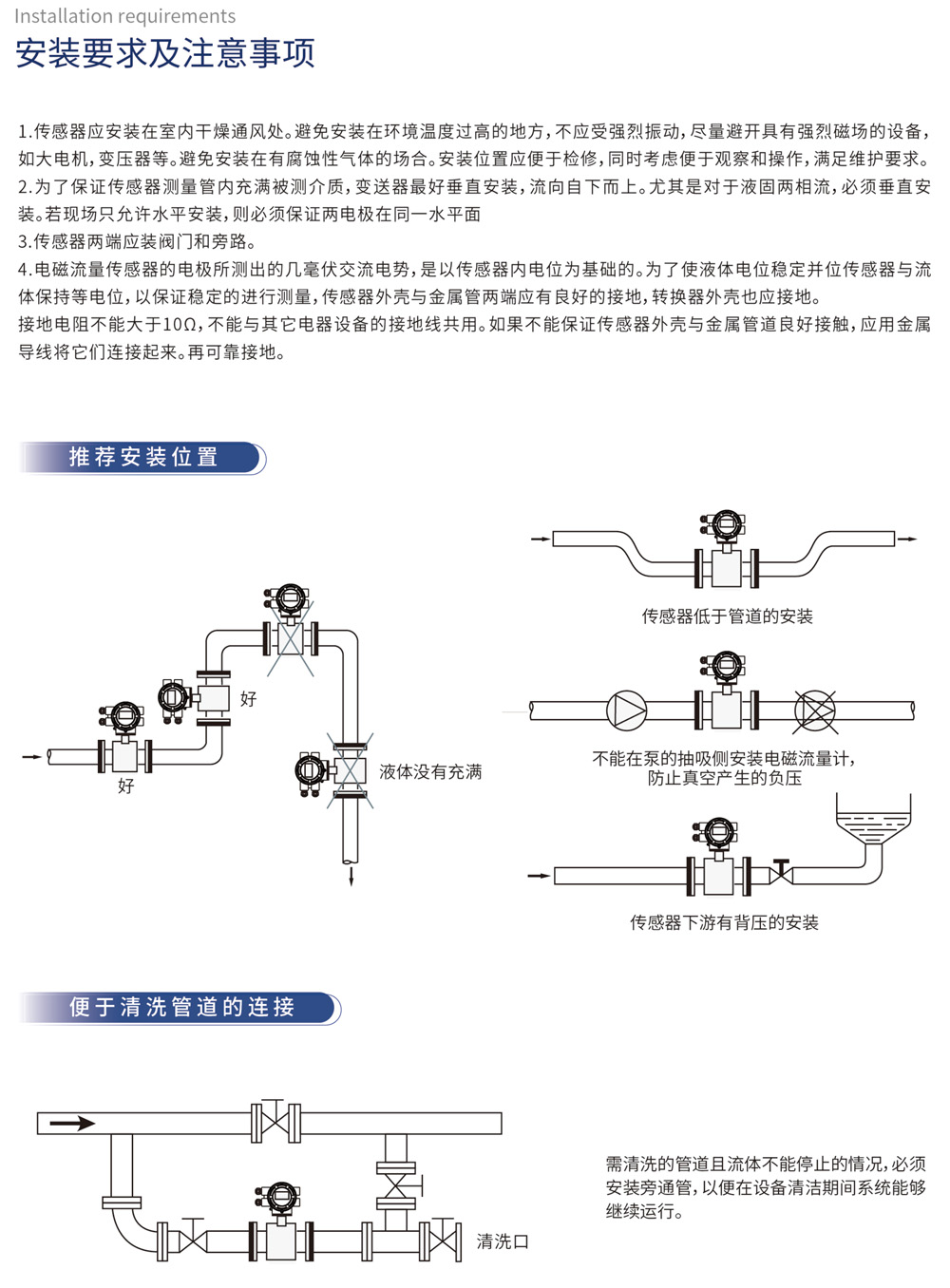 安装要求及注意事项
1.传感器应安装在室内干燥通风处。避免安装在环境温度过高的地方,不应受强烈振动,尽量避开具有强烈磁场的设备,如大电机,变压器等。避免安装在有腐蚀性气体的场合。安装位置应便于检修,同时考虑便于观察和操作,满足维护要求。
2.为了保证传感器测量管内充满被测介质,变送器最好垂直安装,流向自下而上。尤其是对于液固两相流,必须垂直安装。若现场只允许水平安装,则必须保证两电极在同一水平面
3.传感器两端应装阀门和旁路。
4.电磁流量传感器的电极所测出的几毫伏交流电势,是以传感器内电位为基础的。为了使液体电位稳定并位传感器与流体保持等电位,以保证稳定的进行测量,传感器外壳与金属管两端应有良好的接地,转换器外壳也应接地。接地电阻不能大于10Ω,不能与其它电器设备的接地线共用。如果不能保证传感器外壳与金属管道良好接触,应用金属导线将它们连接起来,再可靠接地。
推荐安装位置 便于清洗管道的连接
需清洗的管道且流体不能停止的情况,必须安装旁通管,以便在设备清洁期间系统能够继续运行。
5.为了避免干扰信号,传感器和转换器之间的信号必须用屏蔽导线传输。不允许把信号电缆和电源线平行放在同一电缆钢管内。信号电缆长度一般不得超过30m。
6.转换器安装地点应避免交、直流强磁场和振动,环境温度为-20-50℃,不含有腐蚀性气体,相对湿度不大于80%。
7.为了避免流速分布对测量的影响,流量调节阀应设置在传感器下游。对于小口径的传感器来说,因为从电极中心到流量计进口端的距离已相当于好几倍直径的长度,所以对上游直管可以不做规定。但对口径较大的流量计,一般上游应有10D以上的直管段,下游一般应有5D以上的直管段,实在环境艰苦,也得保证前5后3。