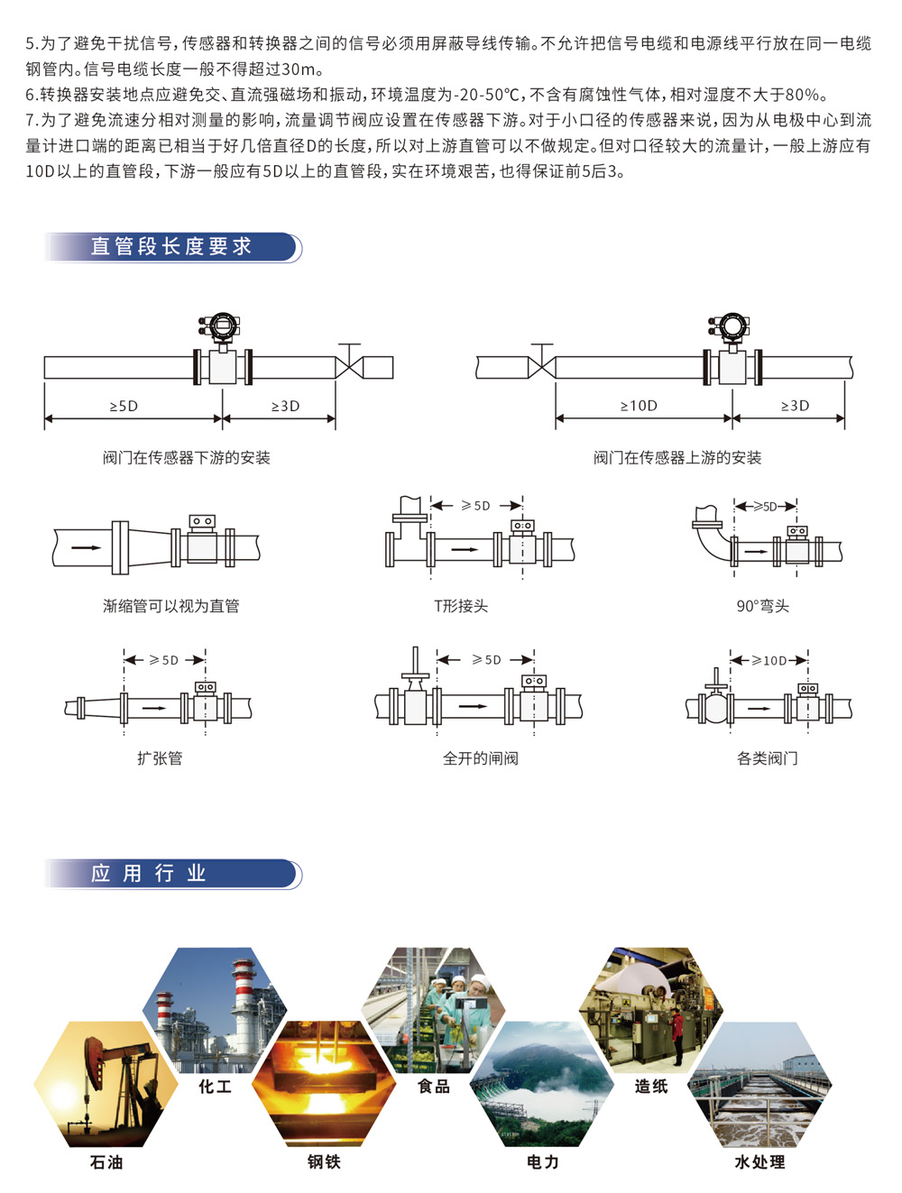直管段长度要求 应用行业 广泛应用于石油、化工、钢铁、食品、电力、造纸、水处理、供水、供热、环保等行业
